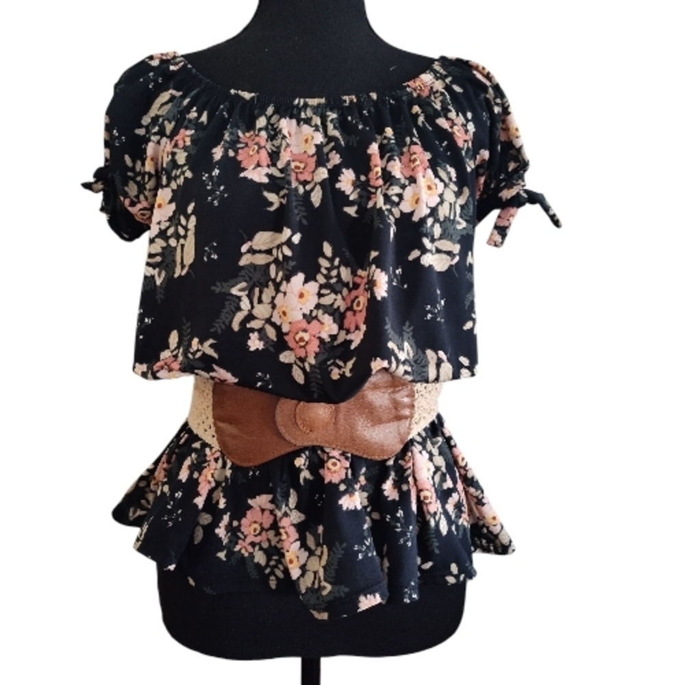 First Love Black Floral Blouse with Pink and Cream Accents